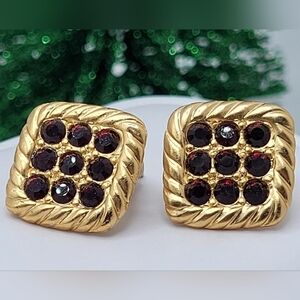 Vintage Garnet Ruby Red Square Stud Earrings Gold-tone